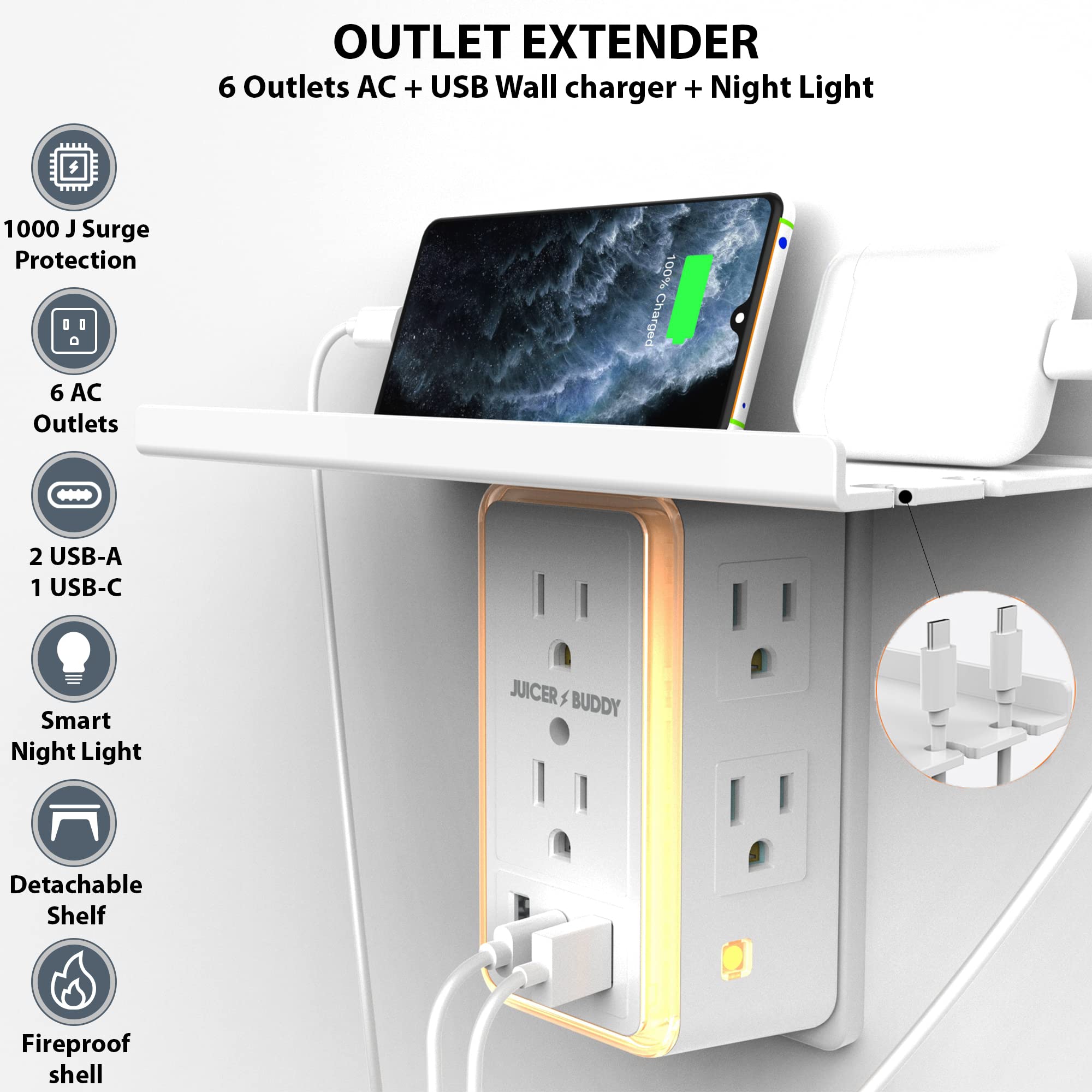 Juicer Buddy USB C Wall Charger, Smart Night Light, Surge Protector, 6 Outlet Extender, Power Strip Adapter, Outlet Expander, Outlet Shelf, Phone Holder, Socket shelf