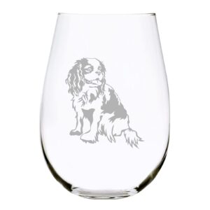 Cavalier King Charles Spaniel themed, dog stemless wine glass, 17 oz.