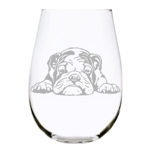 English Bulldog themed, dog stemless wine glass, 17 oz.