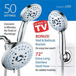 AquaCare As-Seen-On-TV High Pressure 50-mode Rain & Handheld 3-way Shower Head Combo - Anti-clog Nozzles/Tub, Tile & Pet Power Wash/Extra Long 6 ft. Stainless Steel Hose/All Chrome Finish