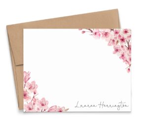 cherry blossom floral corners personalized stationary for women, personalized floral stationery with envelopes, flat or folded note cards, notecards for women, your choice of colors and quantity
