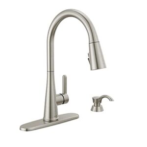greydon single-handle pull-down sprayer kitchen faucet with shieldspray and soap dispenser in spotshield stainless steel