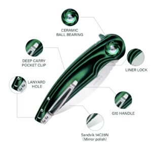 SHIELDON Bulbasaur Folding Pocket Knife, 3.66-inch Sandvik 14C28N Mirror Polish Blade and G10 Handle, Liner Lock Knife for EDC