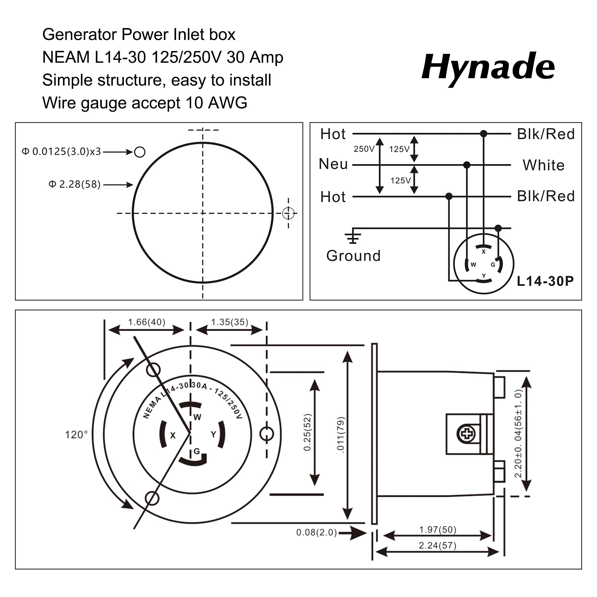Hynade Generator Power Inlet Box, 30 Amp Generator Transfer Switch, NEMA L14-30P, Generators Up to 7,500 Running Watts 30Amps 3R NEMA Generator Inlet Box ETL Listed