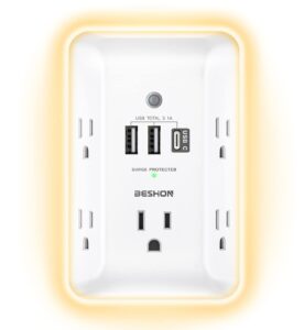 outlet extender with night light, 5 outlet surge protector power strip with 3 usb ports (1 usb c port), beshon 1800j 3 sided multi plug outlet splitter for home, office, etl listed…