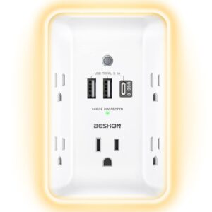 Outlet Extender with Night Light, 5 Outlet Surge Protector Power Strip with 3 USB Ports (1 USB C Port), BESHON 1800J 3 Sided Multi Plug Outlet Splitter for Home, Office, ETL Listed…