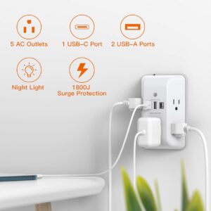 Outlet Extender with Night Light, 5 Outlet Surge Protector Power Strip with 3 USB Ports (1 USB C Port), BESHON 1800J 3 Sided Multi Plug Outlet Splitter for Home, Office, ETL Listed…
