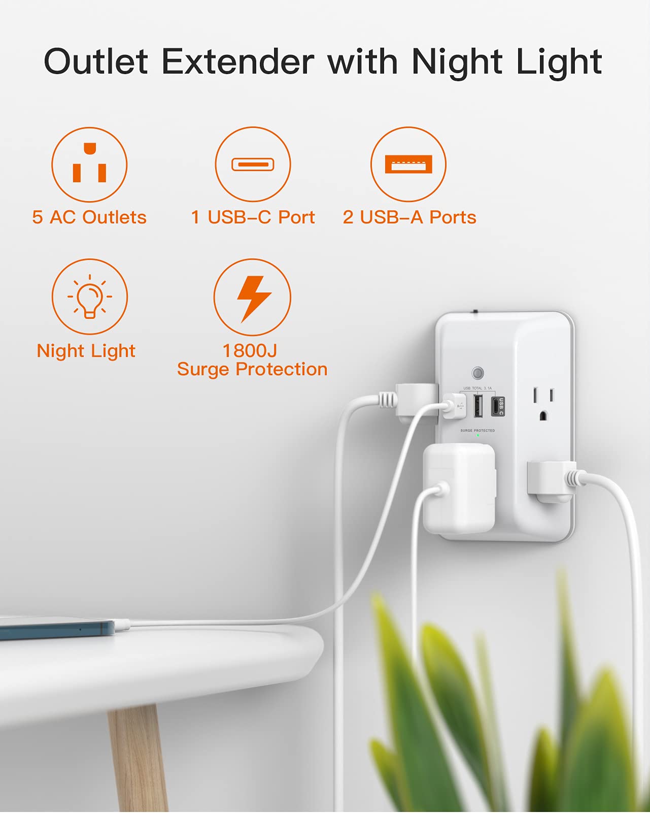 Outlet Extender with Night Light, 5 Outlet Surge Protector Power Strip with 3 USB Ports (1 USB C Port), BESHON 1800J 3 Sided Multi Plug Outlet Splitter for Home, Office, ETL Listed…