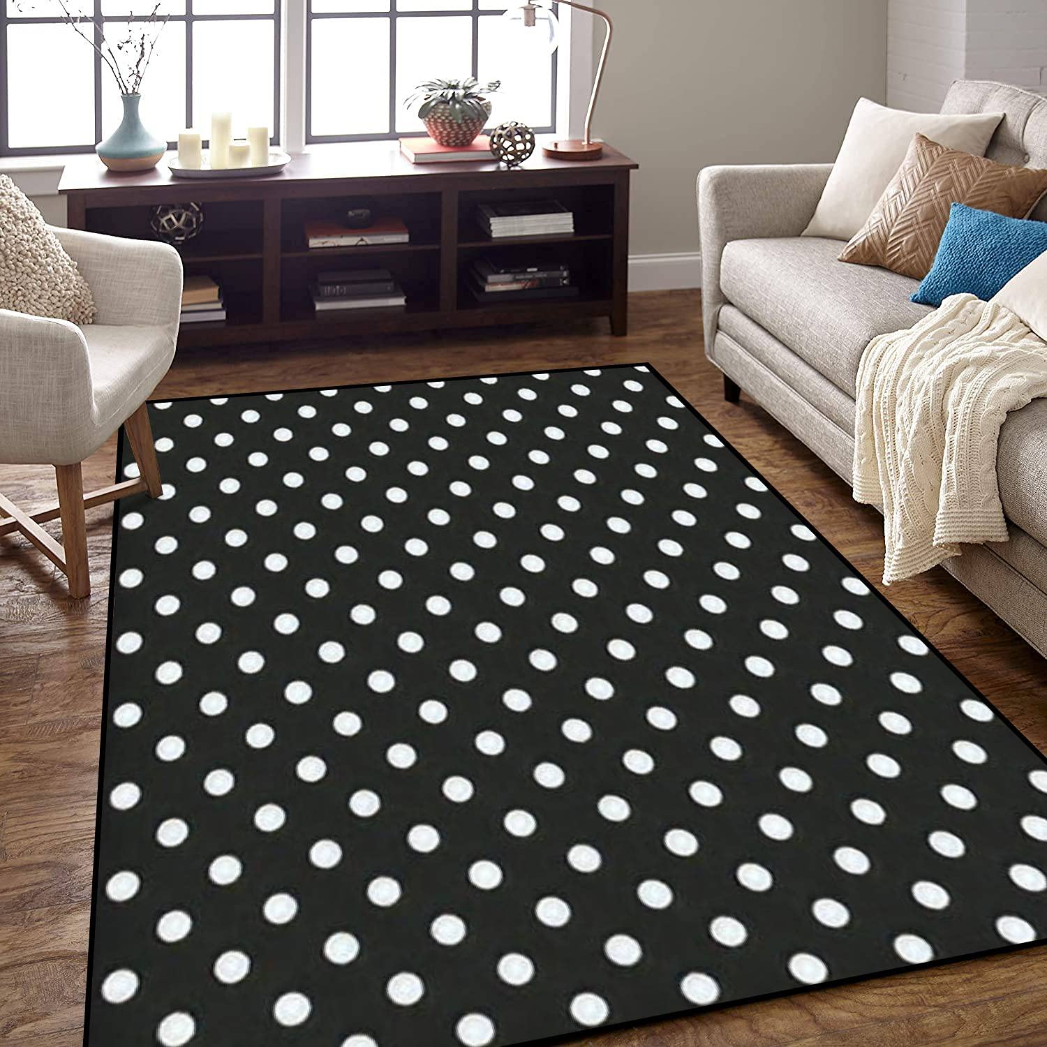 EPONGEKIT Area Rug Non-Slip Floor Mat Black and White Seamless Polka dot Pattern Indoor Outdoor Living Room Kids Room Bedroom Carpet Runner Rug Home Decor Doormat Yoga Mat Patio Mat, 47x63inch