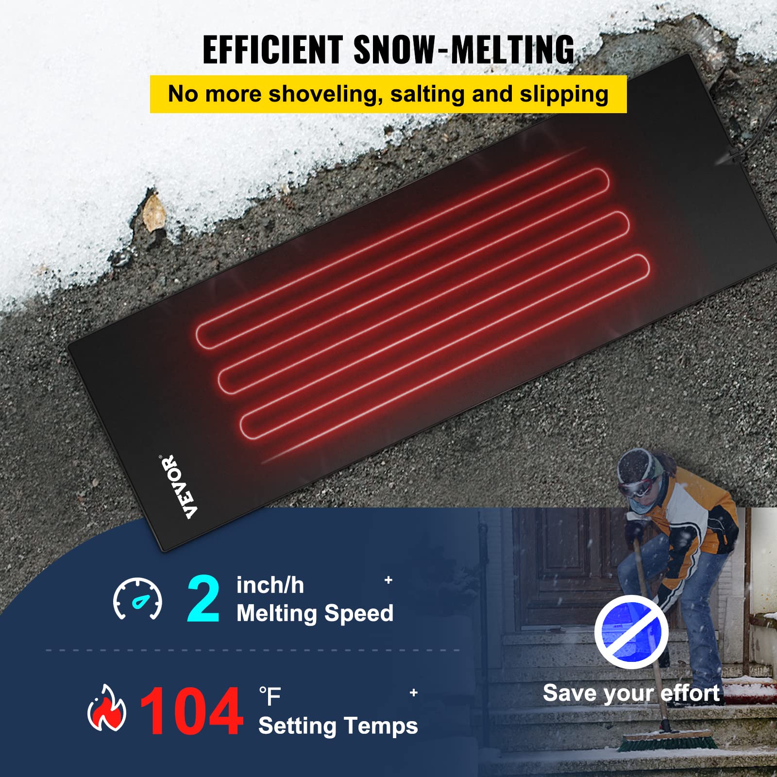 VEVOR, 2ft x Walkway, 120V Ice, PVC Heated 6ft Power Cord, Slip-Proof, Ideal Winter Outdoor Snow Mat, 2'' per Hour Melting Speed, Black