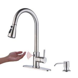 touchless kitchen faucet with pull down sprayer, motion sensor kitchen faucet with kitchen soap dispenser, single kitchen faucet high arc pull out faucet for kitchen sink rv kitchen，brush nickel