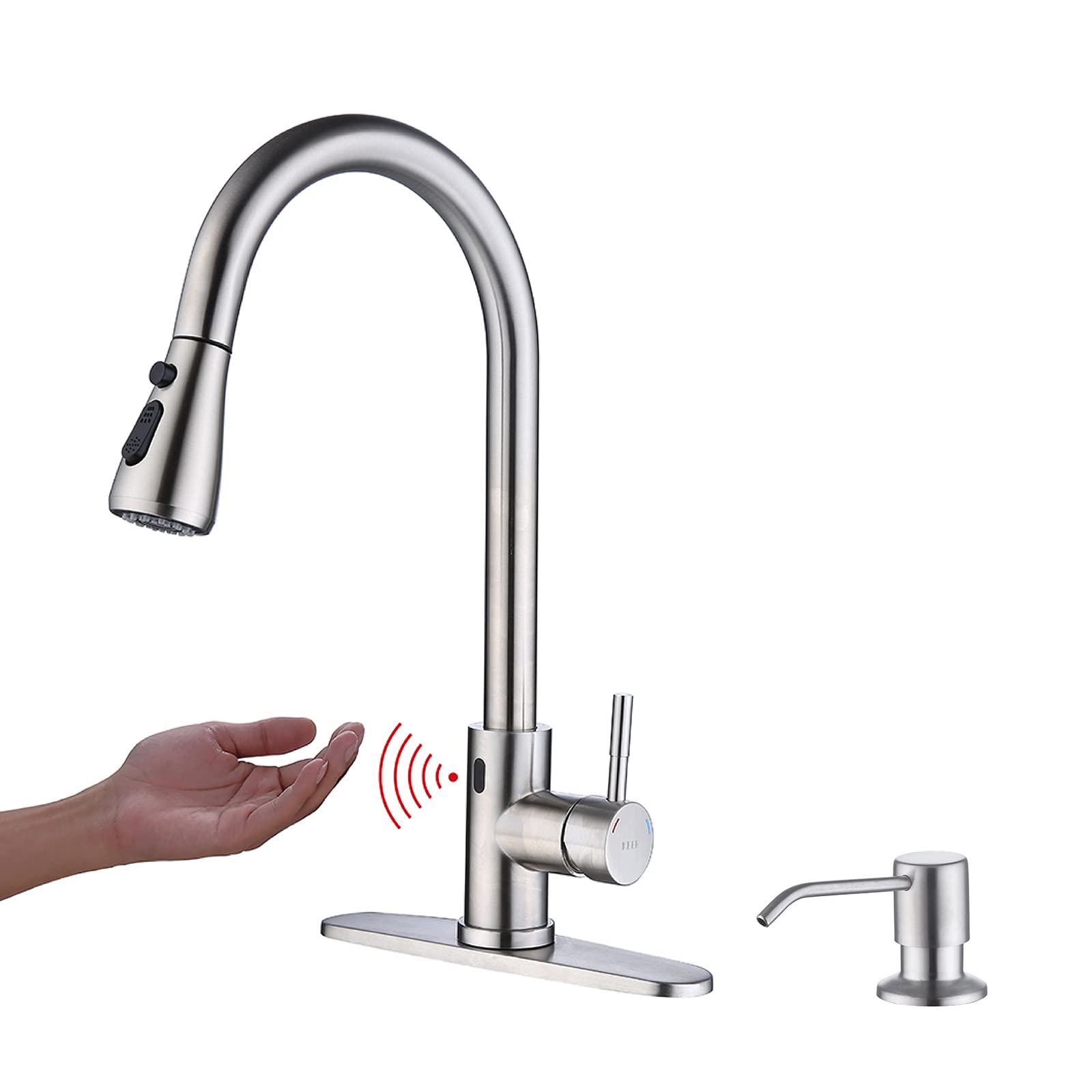 Touchless Kitchen Faucet with Pull Down Sprayer, Motion Sensor Kitchen Faucet with Kitchen Soap Dispenser, Single Kitchen Faucet High Arc Pull Out Faucet for Kitchen Sink RV Kitchen，Brush Nickel