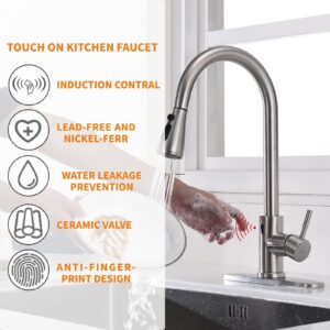 Touchless Kitchen Faucet with Pull Down Sprayer, Motion Sensor Kitchen Faucet with Kitchen Soap Dispenser, Single Kitchen Faucet High Arc Pull Out Faucet for Kitchen Sink RV Kitchen，Brush Nickel