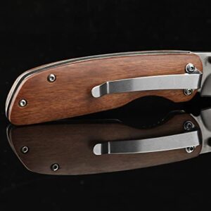 Dispatch Folding Pocket Knife, Pocket Clip and Liner Lock, with Wooden Handle and 3Cr13 Sanding Blade for Outdoor, Tactical, Survival, and EDC