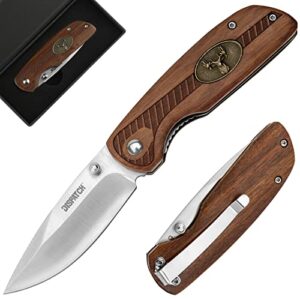 dispatch folding pocket knife, pocket clip and liner lock, with wooden handle and 3cr13 sanding blade for outdoor, tactical, survival, and edc