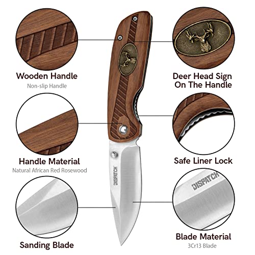 Dispatch Folding Pocket Knife, Pocket Clip and Liner Lock, with Wooden Handle and 3Cr13 Sanding Blade for Outdoor, Tactical, Survival, and EDC