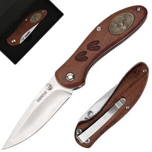 dispatch folding pocket knife, pocket clip and liner lock, with wooden handle and 3cr13 sanding blade for outdoor, tactical, survival, and edc