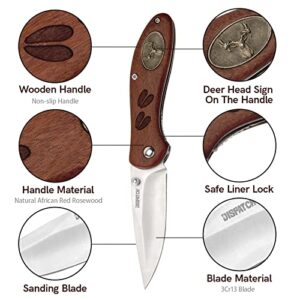Dispatch Folding Pocket Knife, Pocket Clip and Liner Lock, with Wooden Handle and 3Cr13 Sanding Blade for Outdoor, Tactical, Survival, and EDC