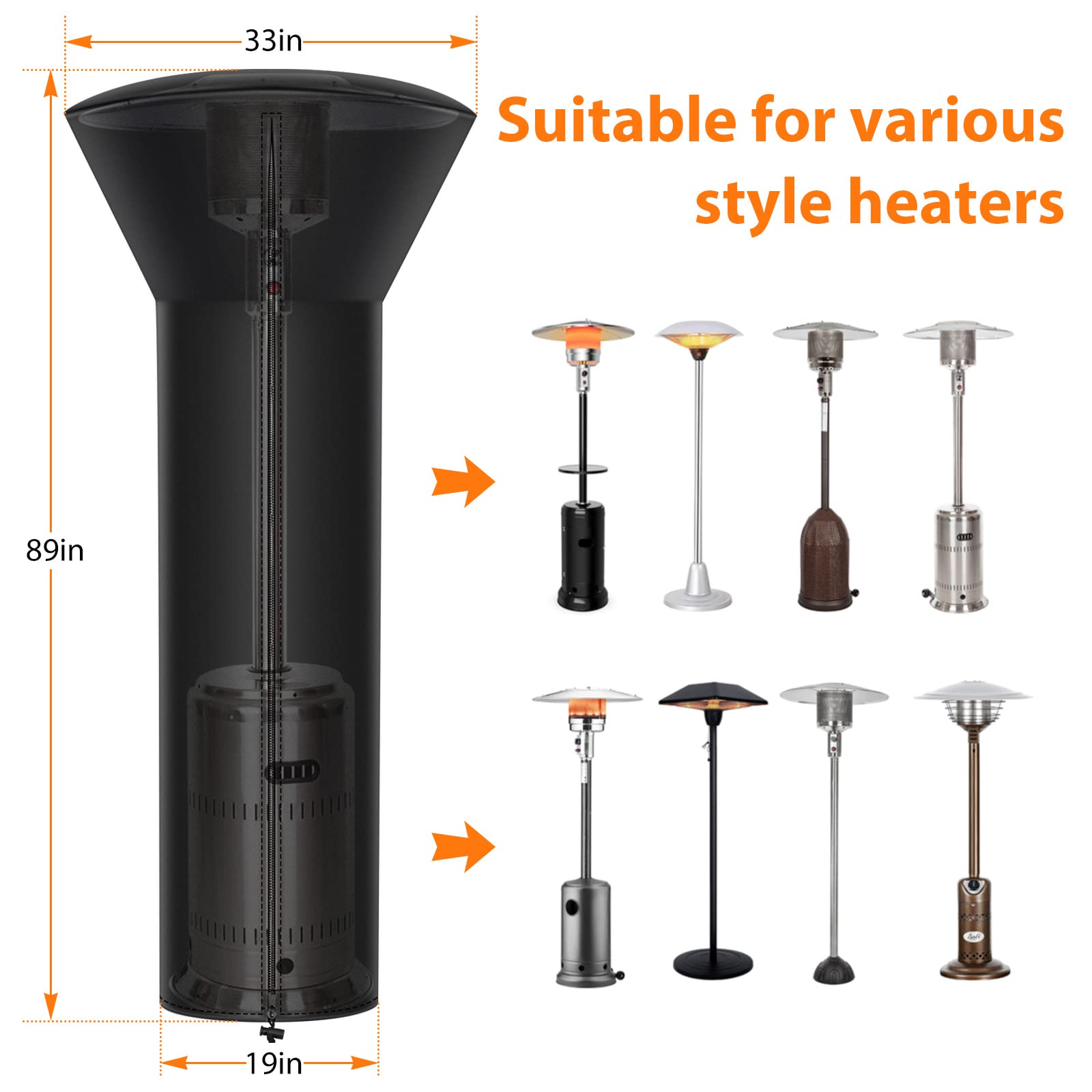 SUPOW Patio Heater Covers Waterproof with Zipper, 600D Oxford Fabric Standup Outdoor Heater Cover for Outdoor Heaters, 89" H x 33" D x 19" B (1)