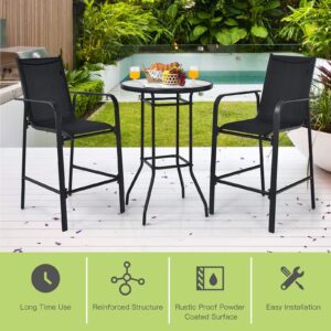 Tangkula 3 Pieces Outdoor Patio Bar Set, Outdoor Bistro Set with 2 Bar Stools and 1 Tempered Glass Bar Table, Bar Height Patio Table and Stools Set for Backyard, Garden, Lawn (Black)