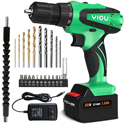 YIOU 20V MAX Cordless Drill, 18 Position Clutch Drill with 23PCS Drill Set, 3/8 Inches Keyless Chuck Power Drill and Battery Charger, Green Driller Set