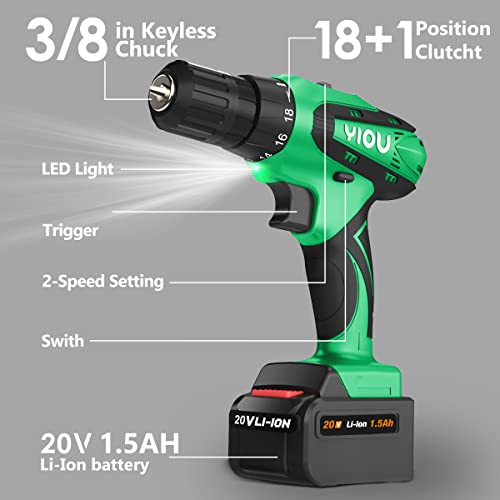 YIOU 20V MAX Cordless Drill, 18 Position Clutch Drill with 23PCS Drill Set, 3/8 Inches Keyless Chuck Power Drill and Battery Charger, Green Driller Set