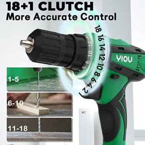 YIOU 20V MAX Cordless Drill, 18 Position Clutch Drill with 23PCS Drill Set, 3/8 Inches Keyless Chuck Power Drill and Battery Charger, Green Driller Set