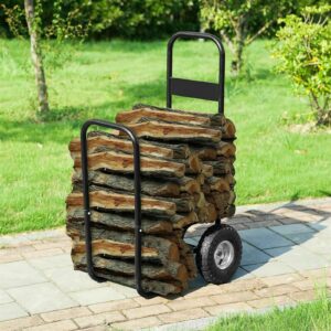 livecreative steel firewood log cart carrier - fireplace log rolling caddy hauler - wood mover outdoor indoor storage holder rack - rolling wheeled metal dolly hauler black ro09911