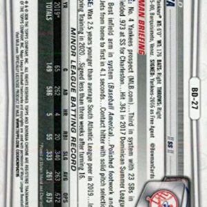 2020 Bowman Chrome Draft #BD-27 Oswald Peraza RC Rookie New York Yankees MLB Baseball Trading Card