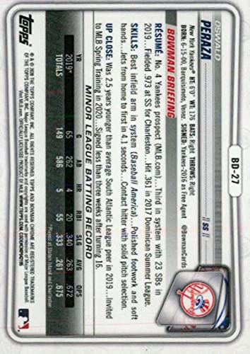 2020 Bowman Chrome Draft #BD-27 Oswald Peraza RC Rookie New York Yankees MLB Baseball Trading Card