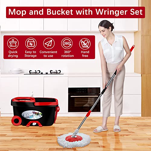 Hardwood Floor Wet Dry Mop,Tsmine Floor Mop Dust Mop Commercial Mop, Spin Mops for Floor Cleaning Mop and Bucket with Wringer Set with 6 Replacement Mop Heads & 1 Cleaning Brush for Hardwood Laminate