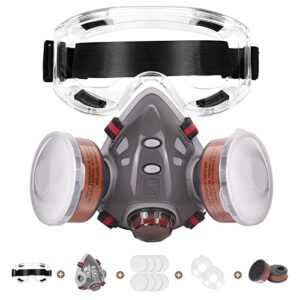 reusable respirator half facepiece cover w/safety goggles & filters against dust vapors gas pollen chemicals suitable for painting spraying sanding welding woodworking epoxy resin & other protection