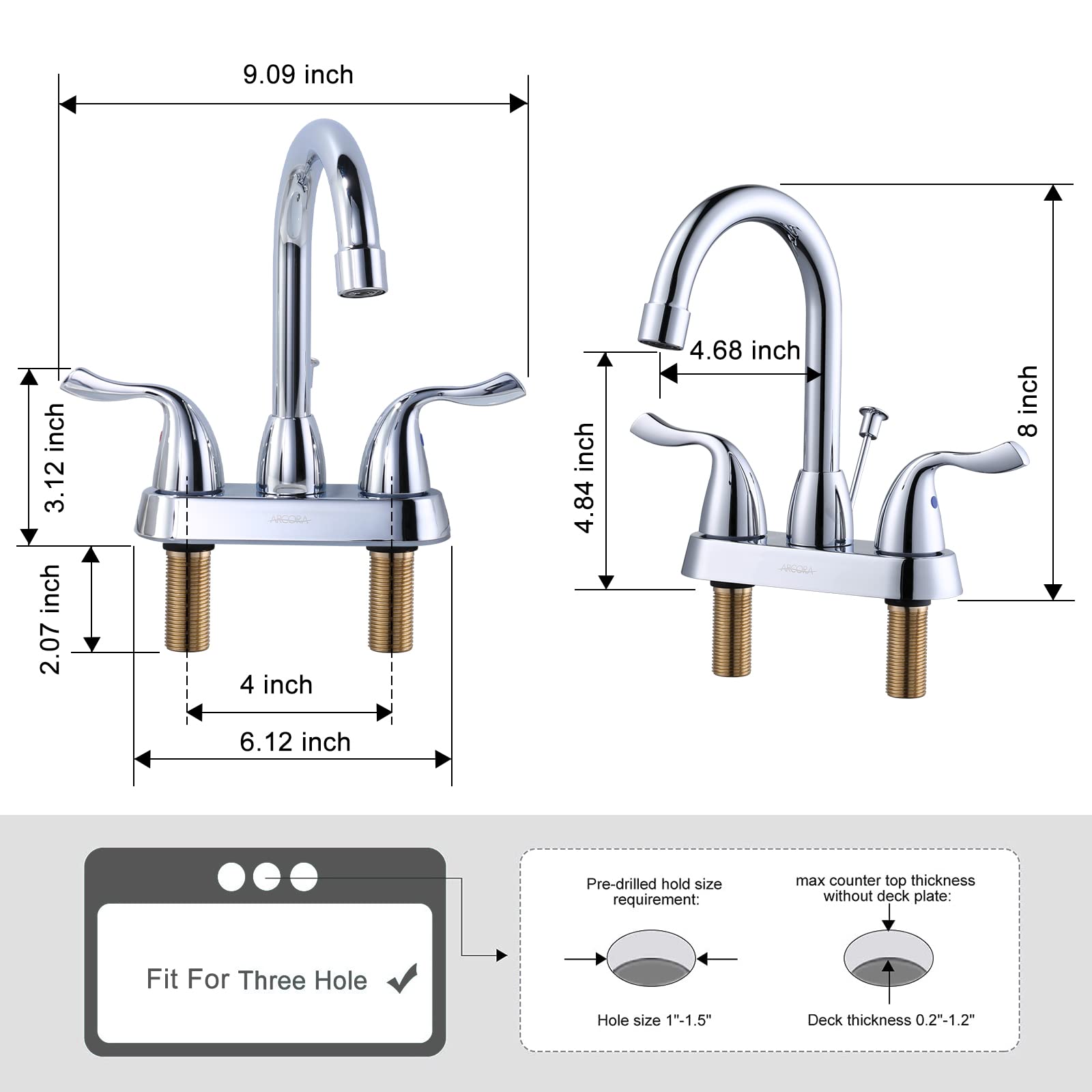 ARCORA 2 Handle Bathroom Faucet Chrome, 4 Inch Centerset Bathroom Sink Faucet with Drain Assembly and Supply Hoses, Bathroom Faucet 3 Holes