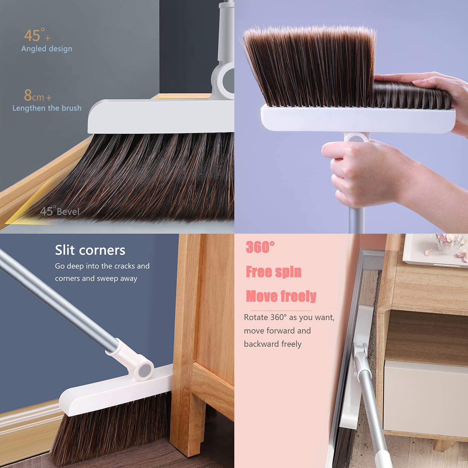 BAWAQAF Broom, Upright dust-Proof Broom, Broom and Dustpan Set, with Retractable Broom, Household Windproof Foldable Cleaning Broom, White