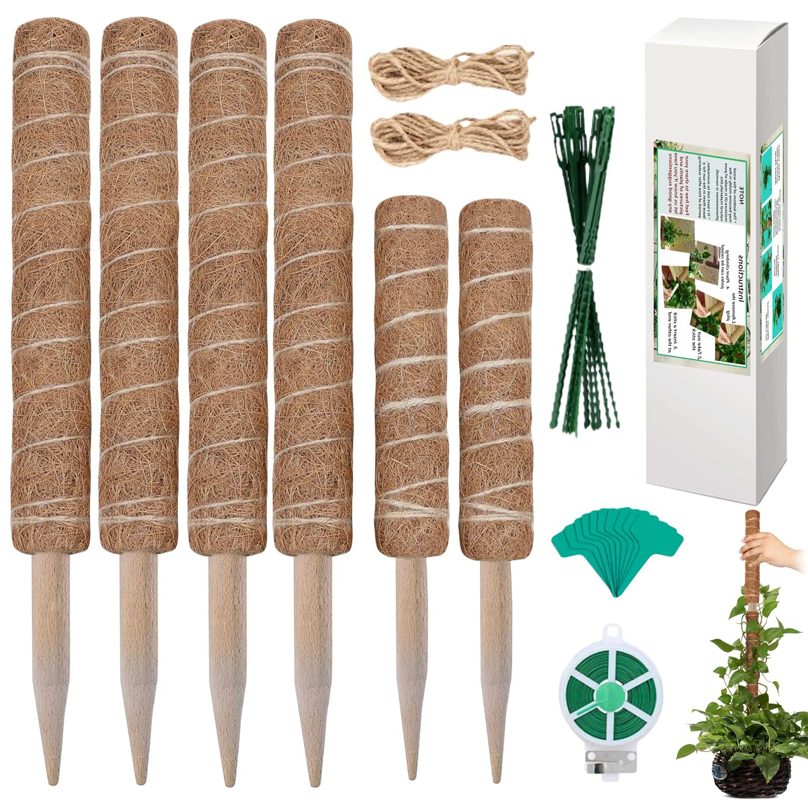 Moss Pole 90 inch 6 Pack Plant Moss Pole for Plants Monstera Pole 16.5" and 11.8", Coco Coir Totem Moss Pole for Indoor Climbing Plants Creepers to Grow Upwards,Plant Support, with Garden Ties Kit