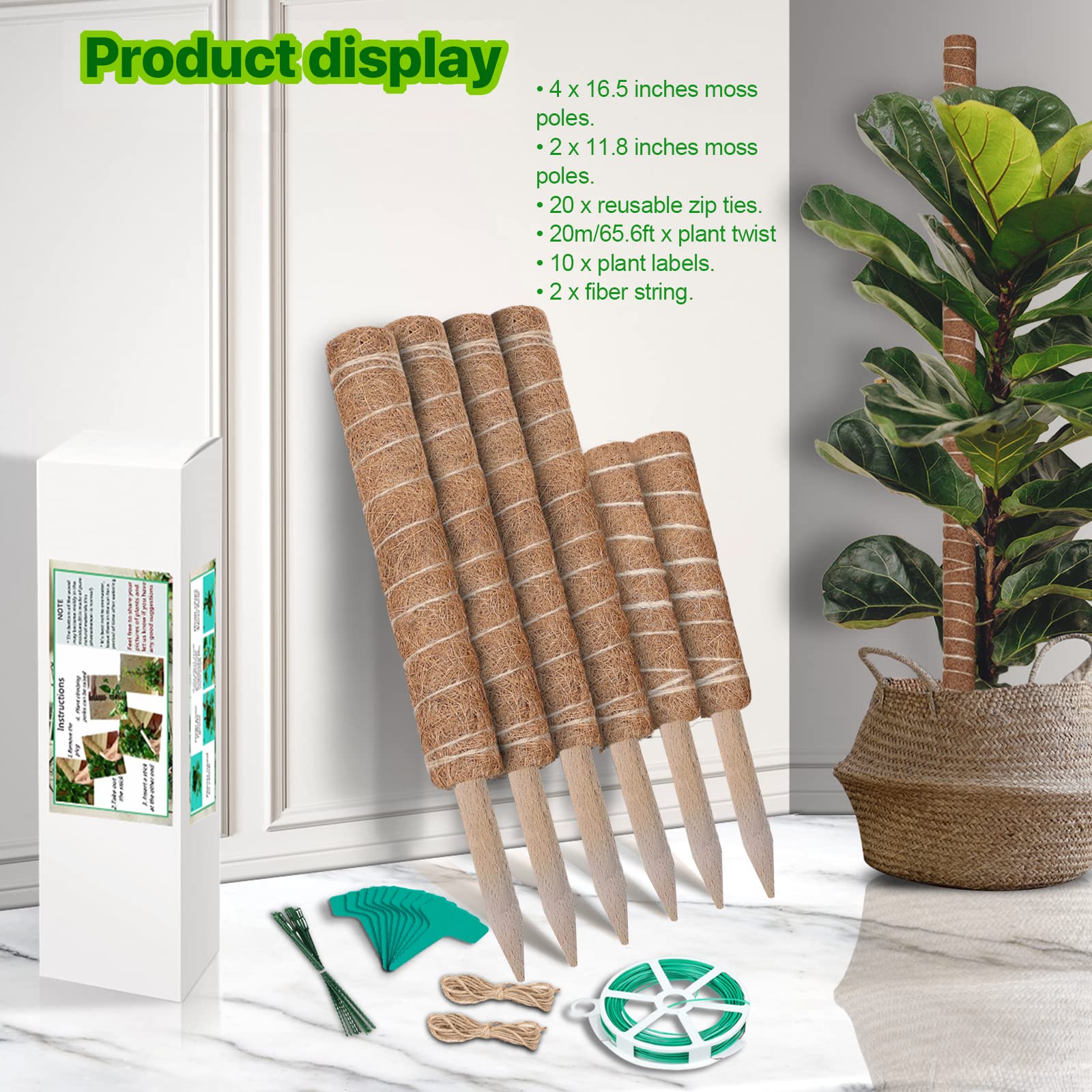 Moss Pole 90 inch 6 Pack Plant Moss Pole for Plants Monstera Pole 16.5" and 11.8", Coco Coir Totem Moss Pole for Indoor Climbing Plants Creepers to Grow Upwards,Plant Support, with Garden Ties Kit