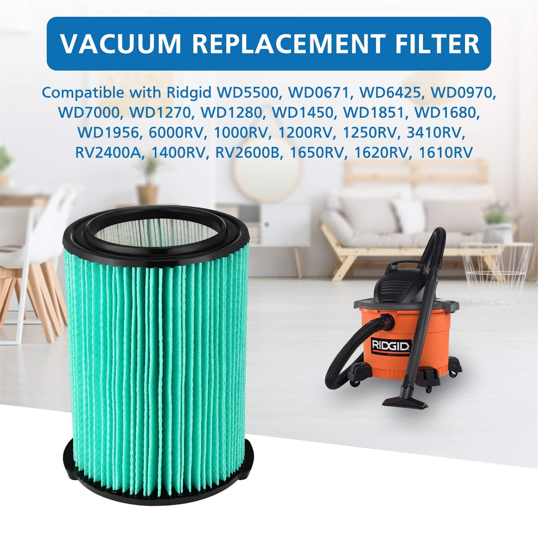 VF6000 5-Layer Pleated Replacement Vacuum Filter Compatible for Ridgid Shop Vac 5-20 Gallon Wet/Dry Vacuums