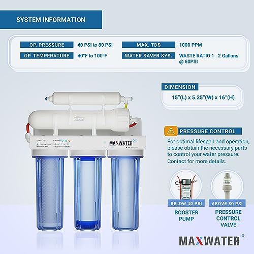 Max Water 5 Stage 100 GPD (Gallon Per Day) RO (Reverse Osmosis) Standard Water Filtration System for Heavy Duty - Under-Sink/Wall Mount - Model: RO-5C2