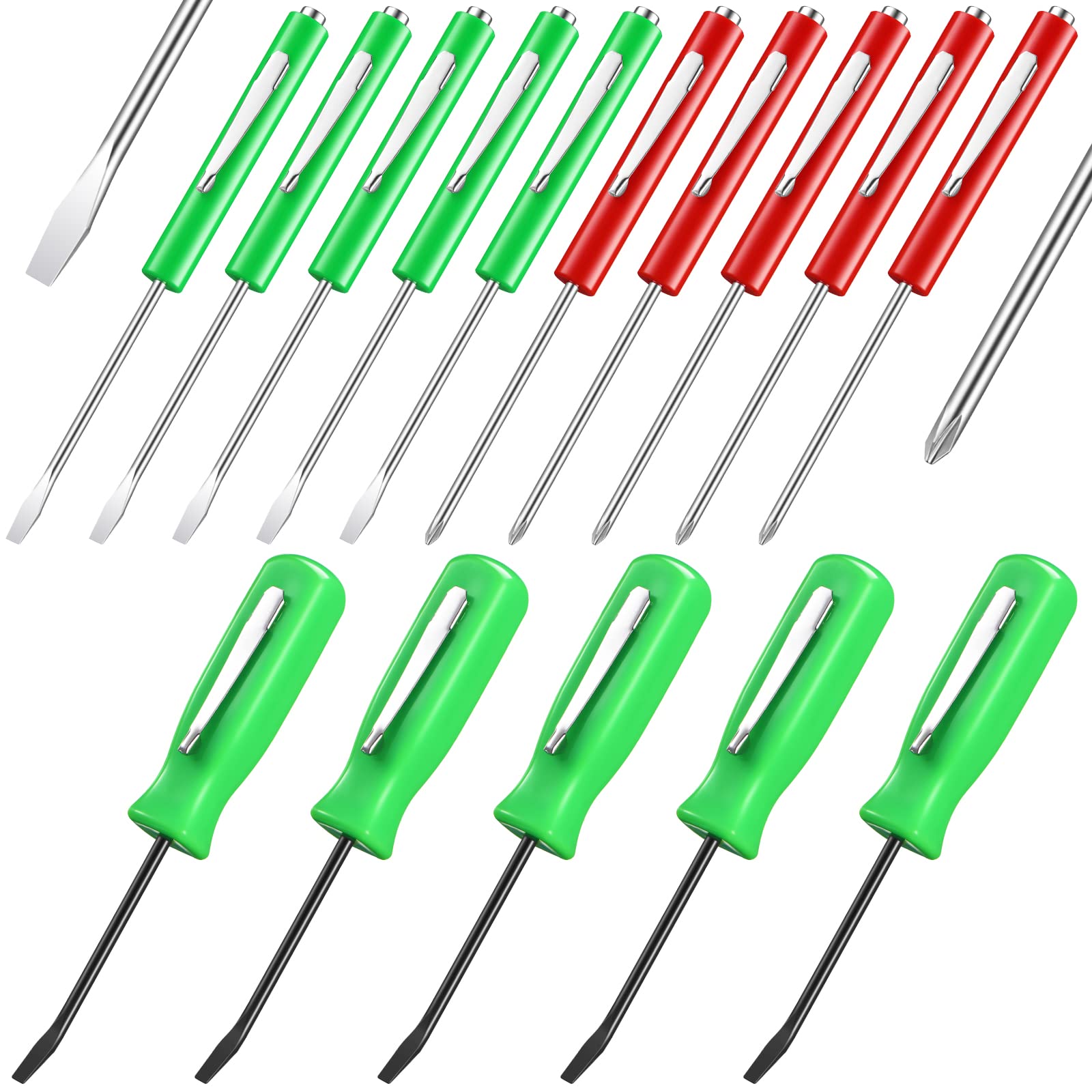 15 Pieces Pocket Screwdriver with Magnet Pocket Clips 2 Ends Mini Top Slotted and Cross Head Slotted Head With Magnet Top Mini Pry Bar Set,Green,Red