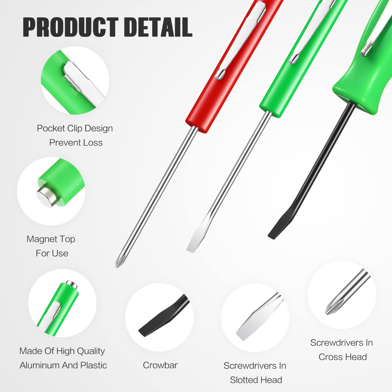 15 Pieces Pocket Screwdriver with Magnet Pocket Clips 2 Ends Mini Top Slotted and Cross Head Slotted Head With Magnet Top Mini Pry Bar Set,Green,Red