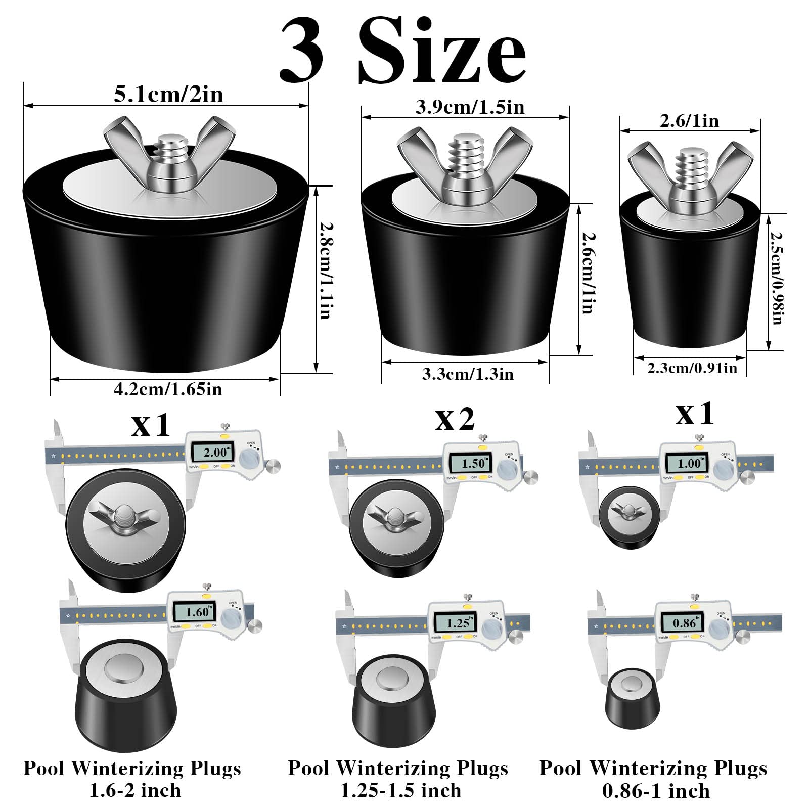 4 Pack 3 Size Pool Return Plugs Pool Skimmer Plug, Pool Winterizing Plug Pool Plugs with Stainless Steel Screw for Inground Pool Above Ground Pool (1 Inch, 1.5 Inch, 2 Inch)