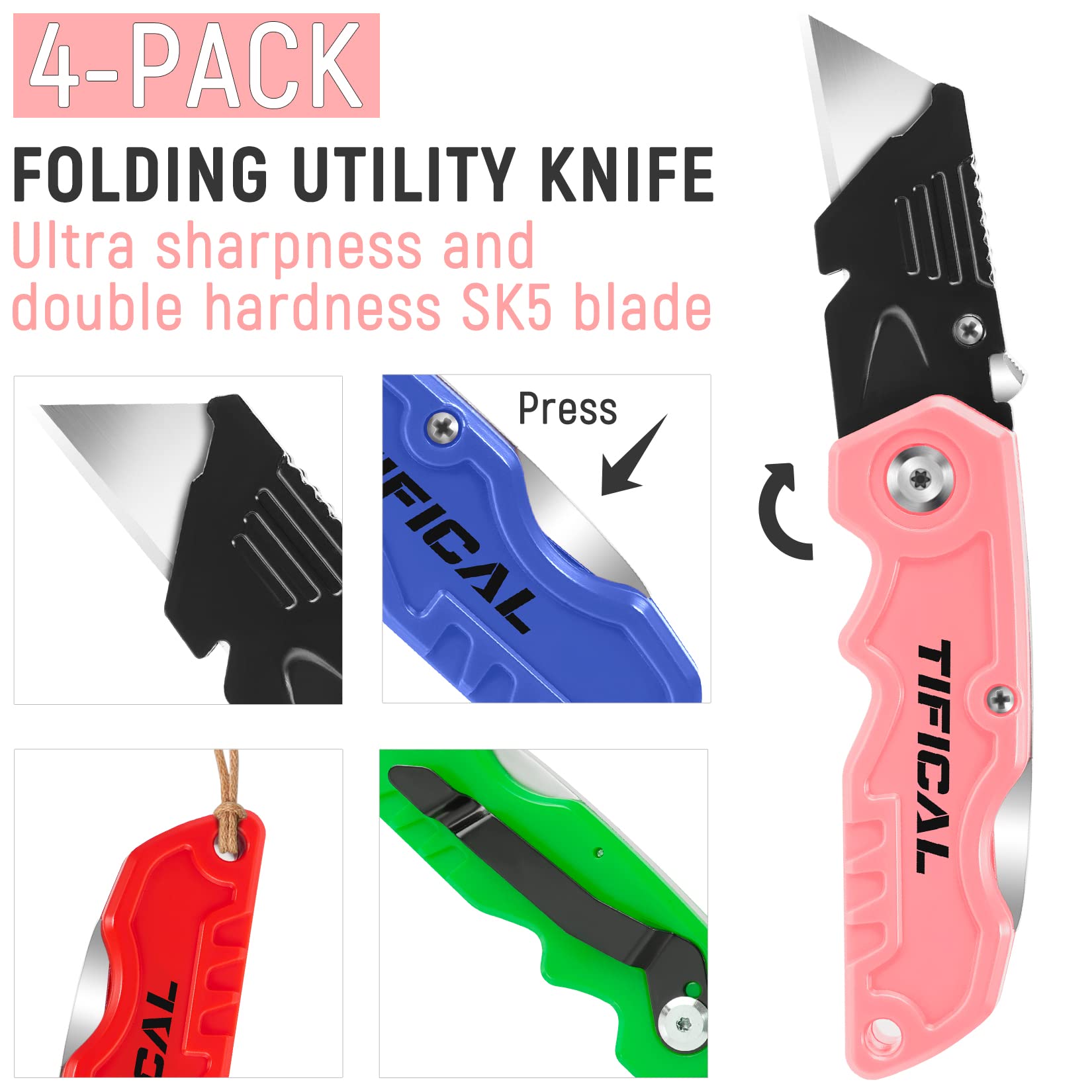 TIFICAL 4 Pack Box Cutter Folding Utility Knife, Extra 10 Blades Included, Quick Change Blades, Lock-Back Design, Box Cutters for Carton, Cardboard, Boxes, Razor Knife Box Opener