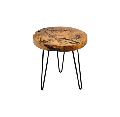 HEFT Solid Teak Wood Round Side Table - Handcrafted Circle Coffee Table for Living Room, Bedside, Office - Modern Accent Furniture with Lichtenberg Patterns - Black Metal Frame & Legs - Large