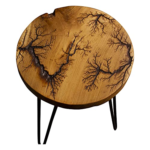 HEFT Solid Teak Wood Round Side Table - Handcrafted Circle Coffee Table for Living Room, Bedside, Office - Modern Accent Furniture with Lichtenberg Patterns - Black Metal Frame & Legs - Large