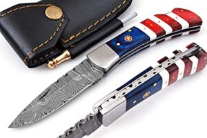 sagacity damascus pocket knife, 7.4” inches american flag damascus folding knife, damascus knife, custom pocket knife for men, sharp pocket knife with real leather sheath; 501
