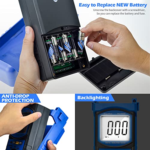 Digital Insulation Resistance Tester, RQ-6688F Voltage Tester 250/500/ 1000/ 2500V, Auto Range Megohmmeter 1MΩ~20GΩ, Resistance Tester with 1999 Count LCD Display, Data Hold, Back-Light （Battery）