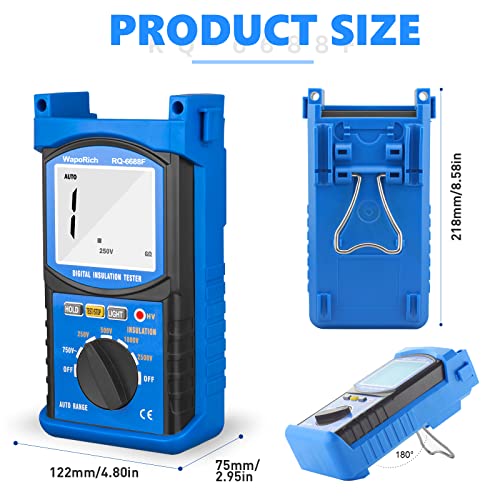 Digital Insulation Resistance Tester, RQ-6688F Voltage Tester 250/500/ 1000/ 2500V, Auto Range Megohmmeter 1MΩ~20GΩ, Resistance Tester with 1999 Count LCD Display, Data Hold, Back-Light （Battery）