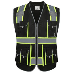 jksafety 10 pockets hi-vis zipper front black safety vest | cushioned collar | high reflective tapes with extended neon yellow strips | meets ansi/isea standards (x-large, 89-black)