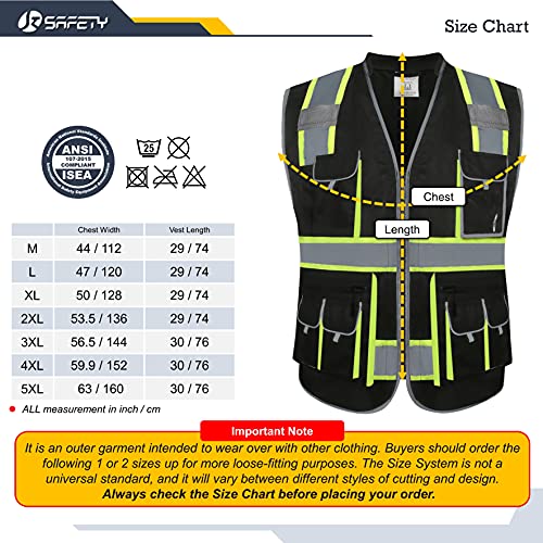 JKSafety 10 Pockets Hi-Vis Zipper Front Black Safety Vest | Cushioned Collar | High Reflective Tapes with Extended Neon Yellow Strips | Meets ANSI/ISEA Standards (X-Large, 89-Black)