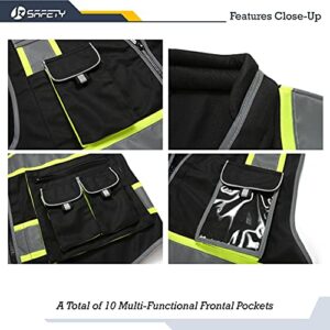 JKSafety 10 Pockets Hi-Vis Zipper Front Black Safety Vest | Cushioned Collar | High Reflective Tapes with Extended Neon Yellow Strips | Meets ANSI/ISEA Standards (X-Large, 89-Black)